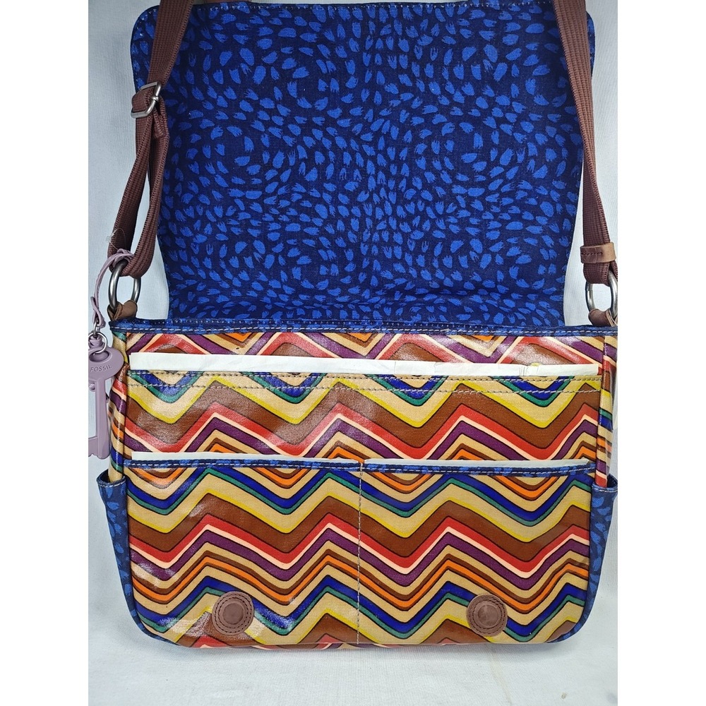FOSSIL Keyper Flap Crossbody Messenger‎ Bag Stripe Blue Yellow Orange Brown New - Picture 9 of 13